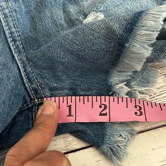 Pinkblush Medium Wash Distressed Fringe Hem
Maternity Full Panel Jean Shorts - Picture 7 of 11